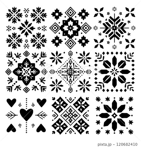 Black and White Scandinavian Folk Patterns Vector Set 120682410