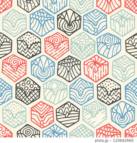 Hand drawn seamless pattern with doodle filled hexagons Hand drawn seamless pattern with doodle filled hexagons 120682660