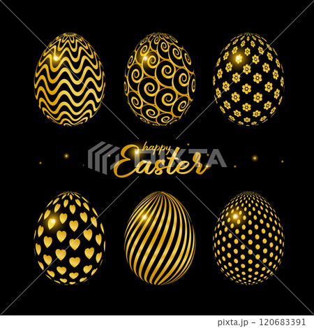 Happy Easter celebration card with golden decorated easter eggs. The poster with the golden text Happy Easter on a black background. Vector Illustration. Greeting card template design. Happy Easter celebration card with golden decorated easter eggs. The poster with the golden text Happy Easter on a black background. Vector Illustration. Greeting card template design. 120683391