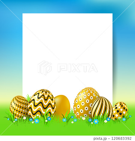 Easter background with gold eggs and empty paper on nature background. Easter background with eggs in grass with place for text. Easter background with gold eggs and empty paper on nature background. Easter background with eggs in grass with place for text. 120683392
