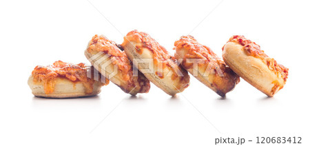 Mini pizza bagels isolated on white background. Mini pizza bagels isolated on white background. 120683412