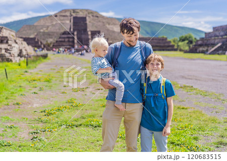 Father with his toddler and teenage sons exploring Teotihuacan, Mexico. Cultural heritage, ancient ruins, and archaeological adventure concept Father with his toddler and teenage sons exploring Teotihuacan, Mexico. Cultural heritage, ancient ruins, and archaeological adventure concept 120683515