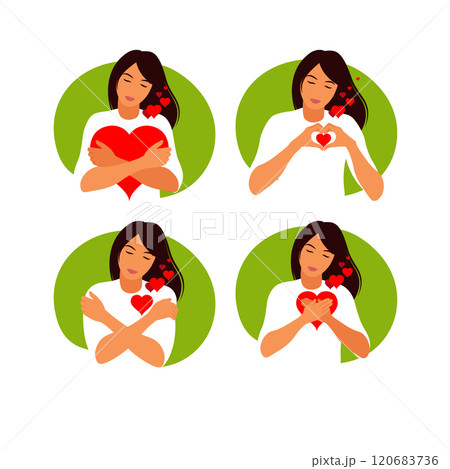 Young woman hugs a big heart with love and care. Self care and body positive concept. Feminism, fight for your rights, girl power concept. Flat. 120683736