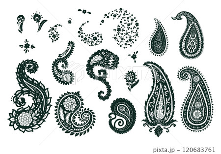 Set of black and white paisley silhouette motifs isolated on white background Set of black and white paisley silhouette motifs isolated on white background 120683761