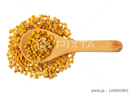 Bee pollen grains in wooden spoon isolated on white background. Top view. Flat lay Bee pollen grains in wooden spoon isolated on white background. Top view. Flat lay 120683901