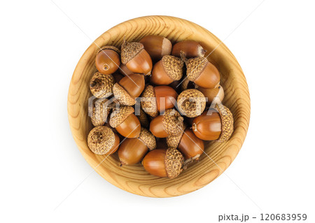 Brown acorn oak nut in wooden bowl isolated on white background. Top view. Flat lay Brown acorn oak nut in wooden bowl isolated on white background. Top view. Flat lay 120683959