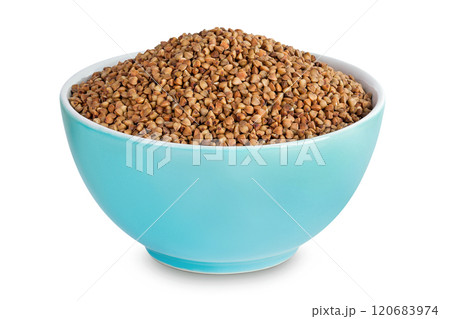 Raw buckwheat in ceramic bowl isolated on white background 120683974