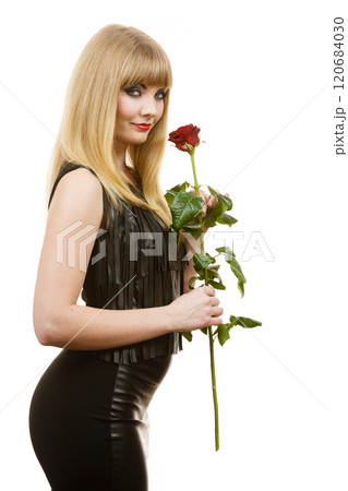 Woman gorgeous girl dark makeup holds rose flower 120684030