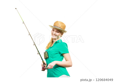 Woman with fishing rod, spinning equipment Woman with fishing rod, spinning equipment 120684049