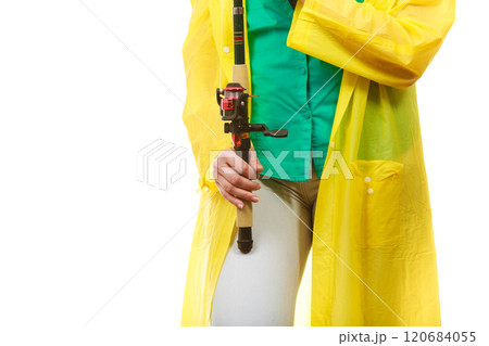 Person holding fishing rod, spinning equipment. 120684055