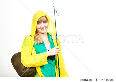 Woman with fishing rod, spinning equipment Woman with fishing rod, spinning equipment 120684056