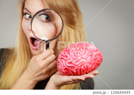 Woman holding magnifying glass investigating brain 120684095