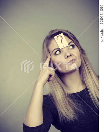 Closeup of woman thinking face expression 120684096