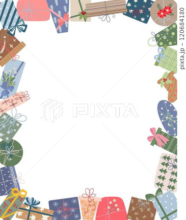 Christmas gifts festive rectangular frame of boxes wrapped in colorful paper with ribbons, symbolizing joy and tradition. Perfect for holiday design, New Year themes, winter celebration decor Christmas gifts festive rectangular frame of boxes wrapped in colorful paper with ribbons, symbolizing joy and tradition. Perfect for holiday design, New Year themes, winter celebration decor 120684180