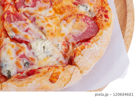 Pizza delivery. Pizza with salami and cheese in a paper box isolated on white. 120684681
