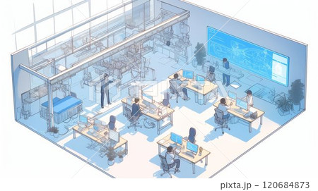 デジタルツイン技術で工場を再現した工場の生産ラインを設計するオフィスのアイソメトリック図_1 デジタルツイン技術で工場を再現した工場の生産ラインを設計するオフィスのアイソメトリック図_1 120684873