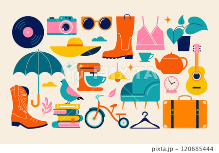 Collection of different home goods. Flea market, Garage sale, stickers, icons, elements Collection of different home goods. Flea market, Garage sale, stickers, icons, elements 120685444