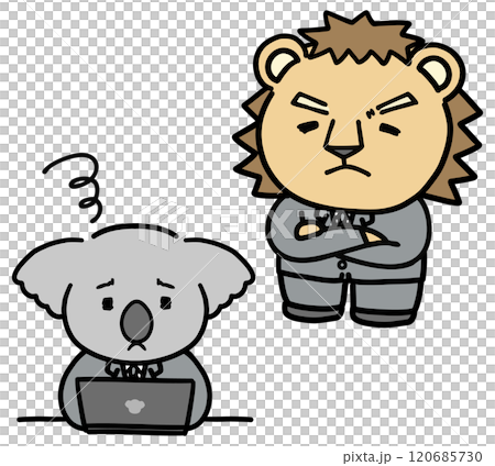 上司のパワーハラスメントに悩むコアラのビジネスマン 上司のパワーハラスメントに悩むコアラのビジネスマン 120685730