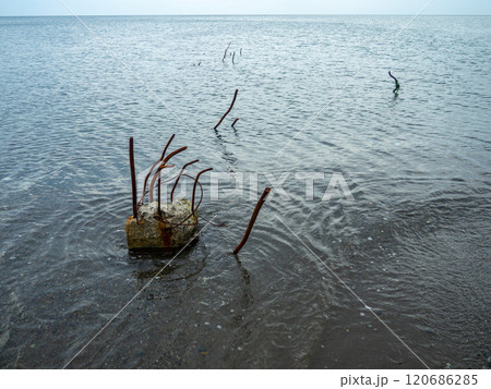 Reinforced concrete sticking out of the water. Remains of the structure. Abandoned. Armature at sea. A pile driven into the bottom of the sea 120686285