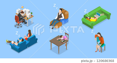 3D Isometric Flat Vector Illustration of Exhausted and Sleepy People, Fatigue and Drowsiness 3D Isometric Flat Vector Illustration of Exhausted and Sleepy People, Fatigue and Drowsiness 120686368