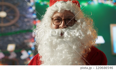 Portrait of white bearded Santa Claus reviews letters from children by the fire, learning wishes for gifts and toys. North Pole mail overflows with holiday dreams, Christmas spirit. Camera A. 120686546