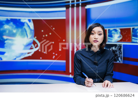News reporter broadcasting live events in newsroom, addressing latest news and incidents around the world. Asian woman hosting tv segment on international network, current headlines. News reporter broadcasting live events in newsroom, addressing latest news and incidents around the world. Asian woman hosting tv segment on international network, current headlines. 120686624