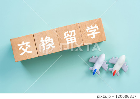 交換留学の文字が入ったブロックと飛行機 120686817