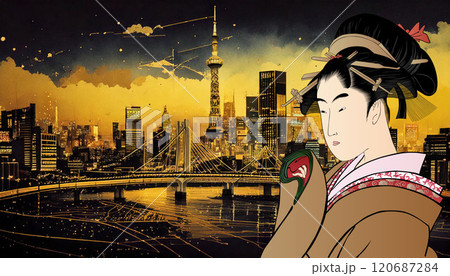 都市と和服女性（背景：生成AI）	 120687284