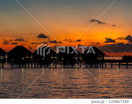Sunset views from overwater pool villa in Maldives Sunset views from overwater pool villa in Maldives 120687389