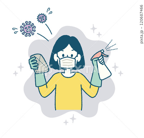 掃除　雑巾　除菌　スプレー　マスク　女性　イラスト 120687466