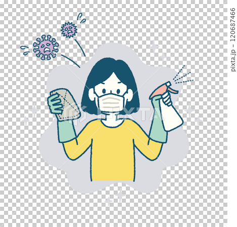 Cleaning, rag, disinfection, spray, mask, woman, illustration 120687466