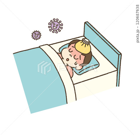 氷を頭に乗せて熱を下げようとする子供のイラスト 氷を頭に乗せて熱を下げようとする子供のイラスト 120687638