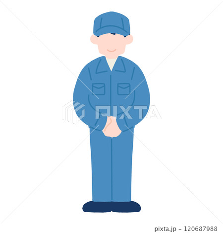 正面で手を組んで立つ作業服を着た男性のフラットなイラスト 120687988