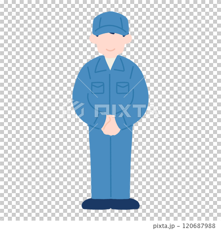 正面で手を組んで立つ作業服を着た男性のフラットなイラスト 120687988