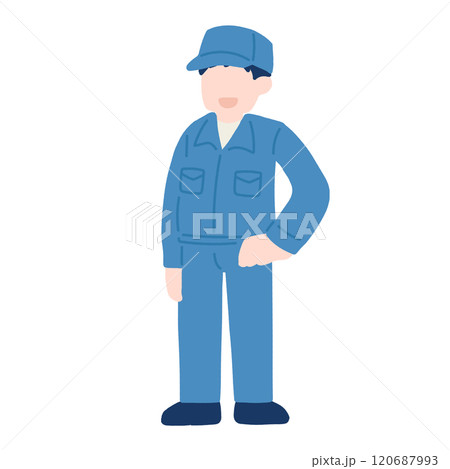 腰に手をあてて立つ作業服を着た男性のフラットなイラスト 120687993