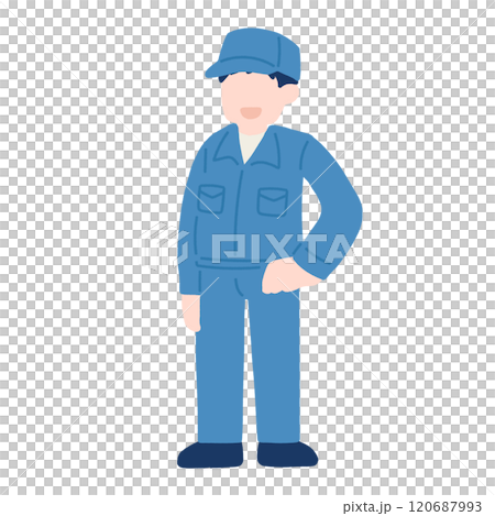 腰に手をあてて立つ作業服を着た男性のフラットなイラスト 120687993