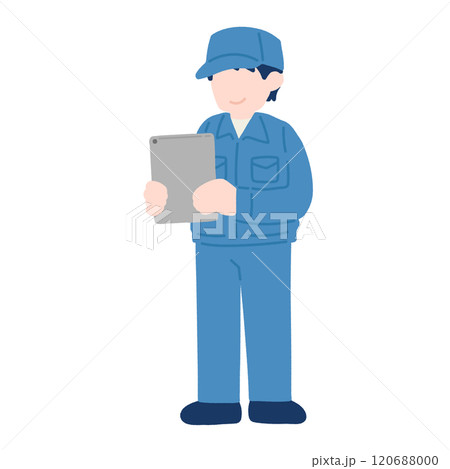 手に持ったタブレットを見ている作業服を着た男性のフラットなイラスト 120688000