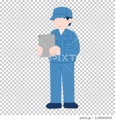 手に持ったタブレットを見ている作業服を着た男性のフラットなイラスト 120688000