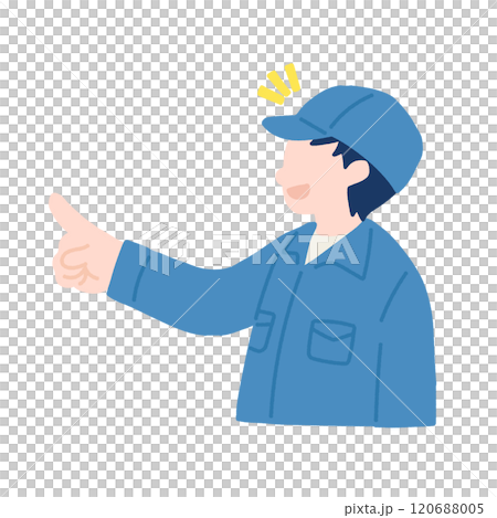 横を向いて指をさす作業服を着た男性のフラットなイラスト 120688005
