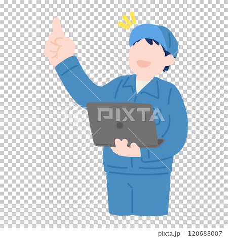 Flat illustration of a man in work clothes holding a laptop and pointing up 120688007