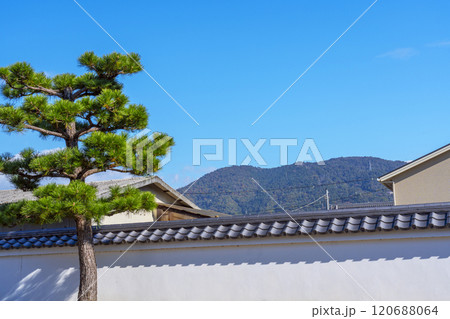 秋の京都　紅葉に包まれた勧修寺　青空と松 120688064