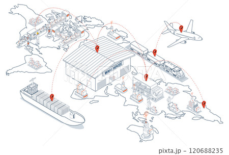 Global logistics network coordinates transportation, supply chain management (SCM), and operations across companies worldwide to deliver efficient logistics services. Vector illustration EPS 10 Global logistics network coordinates transportation, supply chain management (SCM), and operations across companies worldwide to deliver efficient logistics services. Vector illustration EPS 10 120688235