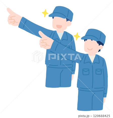 同じ方向を向いて斜め上を指さす作業服を着た男性2人のフラットなイラスト 同じ方向を向いて斜め上を指さす作業服を着た男性2人のフラットなイラスト 120688425