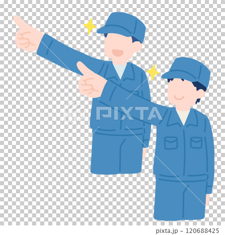 同じ方向を向いて斜め上を指さす作業服を着た男性2人のフラットなイラスト 同じ方向を向いて斜め上を指さす作業服を着た男性2人のフラットなイラスト 120688425