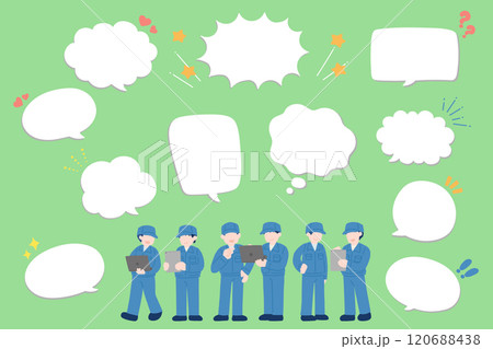 画面を見ながら相談する作業服を着た男性と吹き出しのフラットなイラスト(セット) 120688438