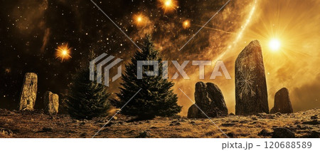 Christmas stars shine over old stones 120688589