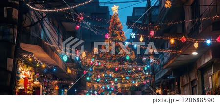 Festively lit street for Christmas 120688590