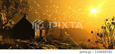 Warm golden sunlight bathes serene Christmas cabin 120688592