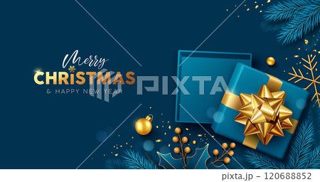 Merry christmas and happy new year 2025, open blue gift box gold ribbon, ornaments, design  120688852