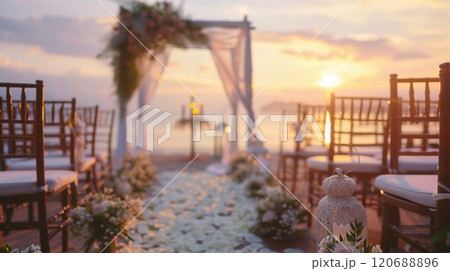 A gentle haze enveloping a seaside wedding ceremony with the sun setting in the background 120688896